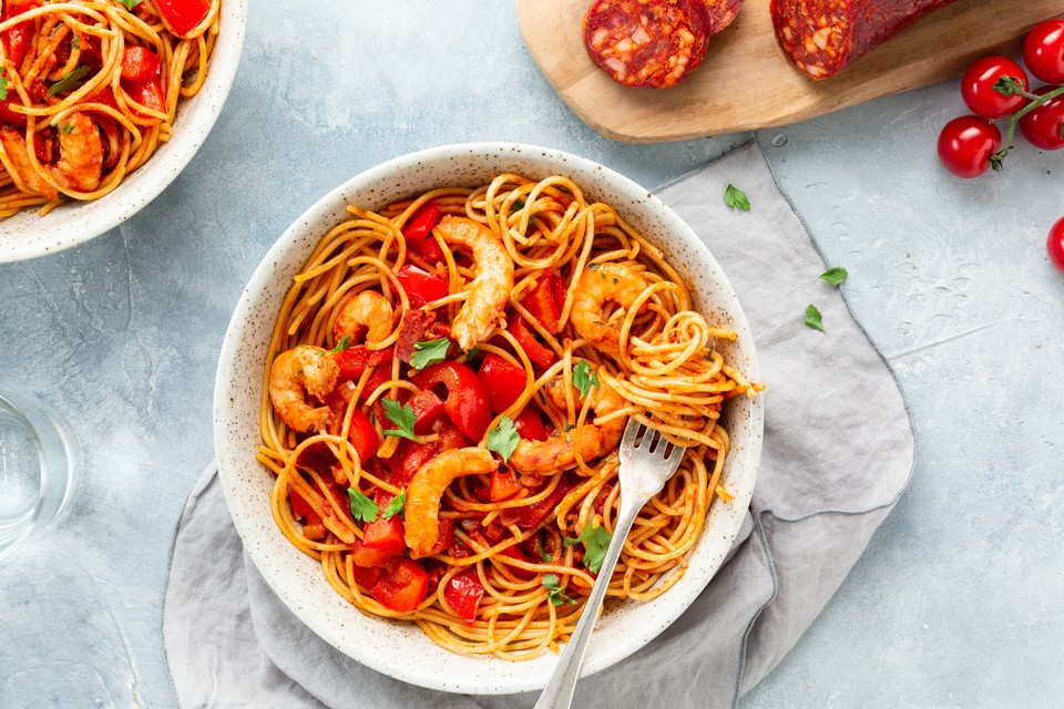 Spaghetti chorizo/garnalen